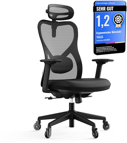 Yaasa Chair Plus, Bürostuhl des Jahres 2026, ergonomischer Schreibtischstuhl mit Kopfstütze 2D-Lordosenstütze & 4D-Armlehnen, Drehstuhl-TESTSIEGER gesundes Sitzen, Homeoffice Büro, Flüsterrollen 150kg