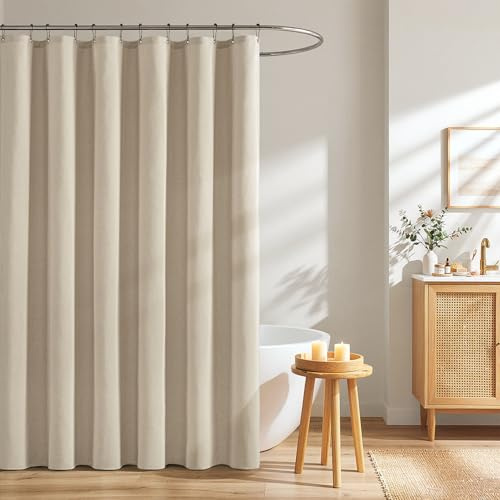 Woaboy Duschvorhang Leinen Textur Anti Schimmel 180x180 cm Beige | Wasserdichte Textil Duschvorhang mit 12 Metallhaken, Schwerer Hotel Luxus Polyester Duschvorhänge