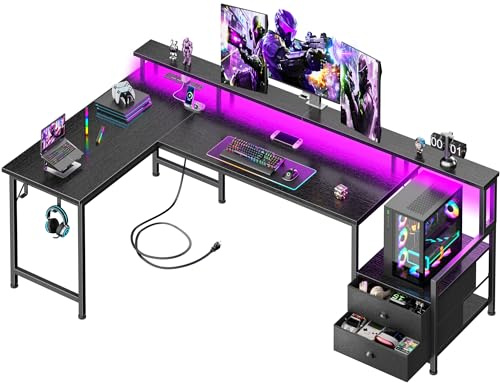 Korfile 66'' L Shaped Gaming Desk with Drawers and Storage Shelves, Reversible Corner Desk with Power Outlets and Host Stand, Large Computer Desk with Led Lights for Gaming, Work, Home Office, Black