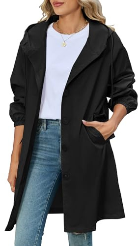 CMTOP Trench Coats for Women Long Lightweight Hooded Trench Coat, Solid Colour Classic Windproof Pea Coat Single-Breasted Windbreaker Jacket with Pockets for Autumn Spring Summer