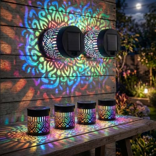 Decorative Solar Mandala Wall Light,Outdoor Garden Fence Projector Lamp, Waterproof Metal Deck Step Fence Light for Garden Yard Backyard Patio Ambient Decor (4 PCS)