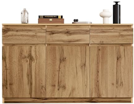 Sideboard Cabinet with 3 Drawers and 3 Doors, Farmhouse Bar Wine Cabinet | Size: 135.00 x 40.00 x 81.00 cm | Colour: Oak | Chipboard Build | 3 Drawers, 3 Doors & Adjustable Shelves
