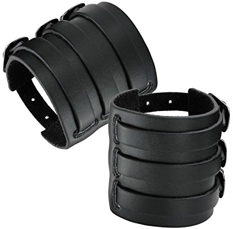 Eigso 2Pcs Pu Leather Bracelets Hip-hop Punk Rock Cuff No Spike Gothic Wrist Band Pair Black for Men