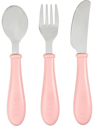 BÉABA Set De 3 Cubiertos De Aprendizaje Para Bebé, Acero Inoxidable, Desde 12 Meses, Cubiertos Infantiles Fácil Agarre, old Pink