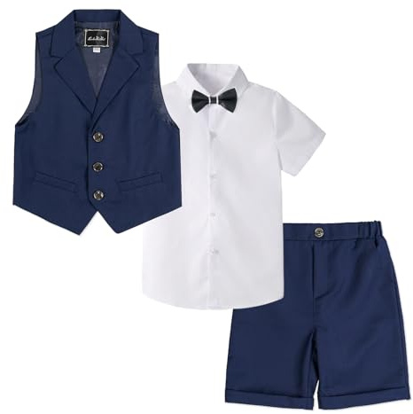 LOLANTA Ensemble de Costume pour Enfants 4 pièces, Costume de Mariage d'été pour garçons, Chemise à Manches Courtes, nœud Papillon, Gilet, Short, 3-12 Ans