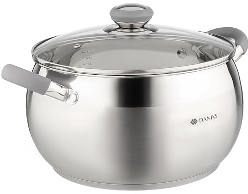 Daniks Modern Faitout Inox 24 cm 6.5 L, Casserole avec Couvercle en Verre, Tous Feux y Compris Induction, Poignées en Silicone, Échelle de Mesure, Argent