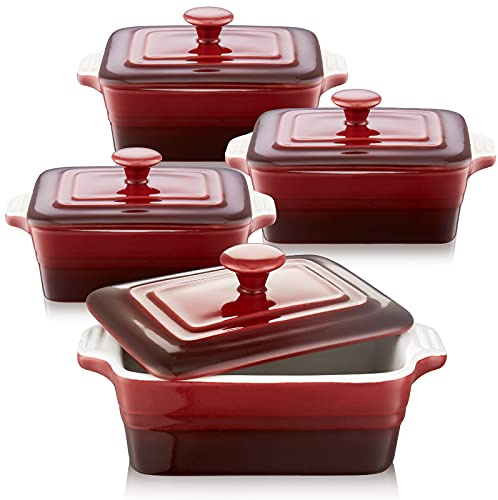 LOVECASA Ceramic Mini Cocottas with Lids, 10 OZ / 310ml Souffle Dishes for Creme Brulee, Ice Cream and Souffle, Rectangle, Rust red Gradient, Set of 4