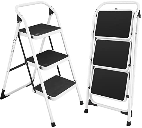 GIANTEX Trittleiter 3 Stufen klappbar, Klapptrittleiter Stehleiter 150 kg belastbar, Stufenleiter Haushaltsleiter mit Sicherheitsbügel & Anti-Rutsch, Metall, weiß