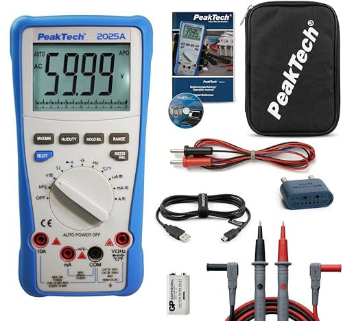 PeakTech P 2025 A – True RMS Digital Multimeter mit Auto-Range & 6000 Counts LCD-Display – Strommessgerät mit Datenschnittstelle und eigener Software – Messgerät bis 1000V - 10A – CAT III 1000V