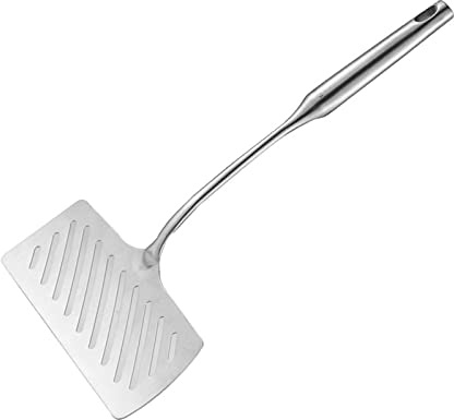 Steak Spatula, Wide Stainless Steel Shovel Slotted Fried Fish Steak Spatula with Long Handle, Grilling Turner for Burgers Fish & BBQ(silver)