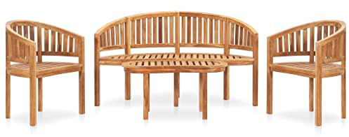 PTUGUOF 4-TLG. Teakholz Gartenmöbel Set, Lounge-Set Massivholz mit gebogenem Design, Gartentisch mit Stabiler Holzlattenplatte, Sitzbank und Stühle für bis zu 110 kg pro Sitzplatz