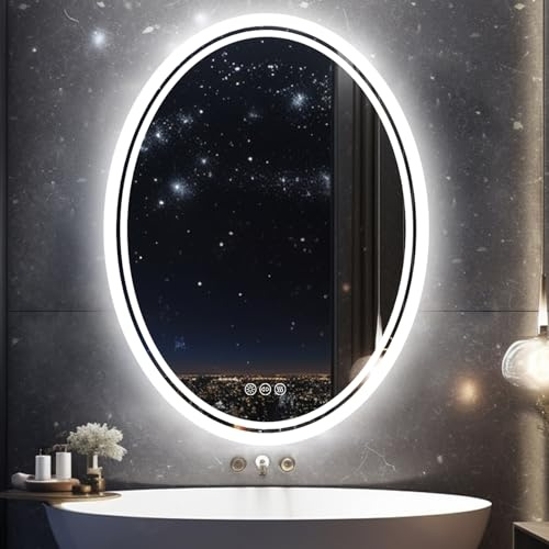 LUVODI Badspiegel mit Beleuchtung Oval: 60x80 cm Ovaler Spiegel mit Hintergrundbeleuchtung, LED Badezimmerspiegel Wandspiegel Lichtspiegel Dimmbar 3 Lichtfarben Nebelfrei IP65 Wasserdicht