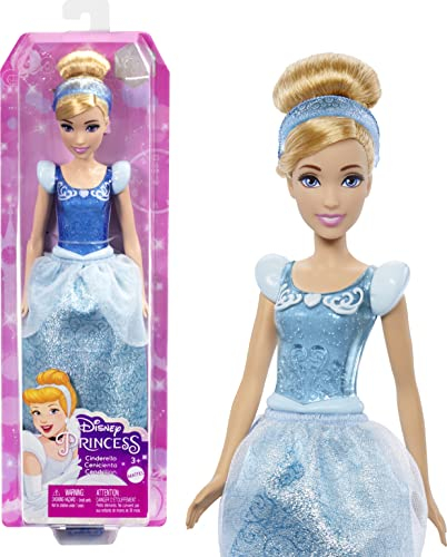 Mattel DISNEY Prinzessin Cinderella - Bewegliche Puppe mit glitzerndem Outfit, abnehmbaren Schuhen und Diadem, kämmbares Haar für Frisierspaß, für Kinder ab 3 Jahren, HLW06