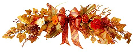 HGUIM 70cm Fall Swag with Maple Leave Thanksgiving Flower Swag with Bow Artificial Autumn Swag Flower Vines Garland for Halloween Home Decoration Front Door Wall, Orange