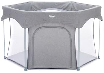 Fillikid Laufgitter 6-eckig Athen Exklusiv | Laufstall Baby klein klappbar & Tragetasche | Kinder Schutzgitter | 6 eckiges Krabbelgitter ab 6 Monate | gepolsterte Bodenfläche Grau