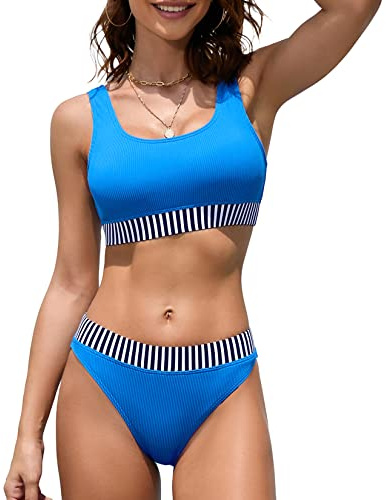 iSLASISIA Dam sport baddräkter tvådelad magtröja ribbad bikini med fräcka byxor, Safirblå och ränder, 44 SE