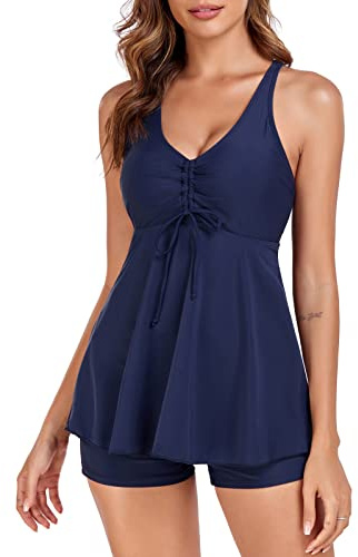 FLYILY Dam Tvådelad Baddräkt Blommigt Tryck Tankini Med Push Up Magkontroll Bantning Och Pojkshorts, Marin, XXL