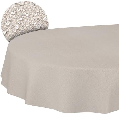 ANRO Tischdecke abwaschbar Damast Beige Grau oval 180x140 cm In-/Outdoor | ideal für Garten, Terrasse & Esszimmer – Gartentischdecke wetterfest – Tischwäsche aus beschichtetem Stoff