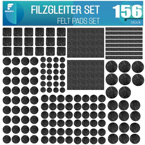 shinfly Felt Furniture Pads, 156 pcs, Self-Adhesive Floor Protector, Black | 3mm Thickness, Self-adhesive, Round & Square, Wood Floor Scratch Protection, Noise Reduction, for Chair Leg, Furniture Feet