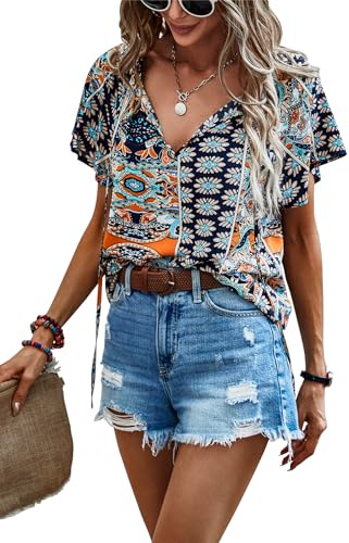 Awemeal Damen Bluse Sommer Rüschen Kurzarm V-Ausschnitt Shirt Boho Drucken Strand Top T-Shirt Casual Lose Tunika Oberteil (M, Navy Blau)