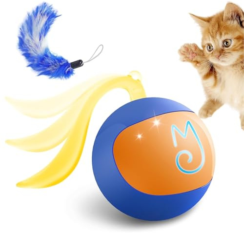 Migipaws Giocattolo Palla Interattiva 2-in-1 per Gatti – Palla da Calcio per Paws, con Coda di Piume Bonus, Rotolamento Casuale, Evita Angoli, Anti-Aggrovigliamento, Silenziosa, Ricaricabile USB