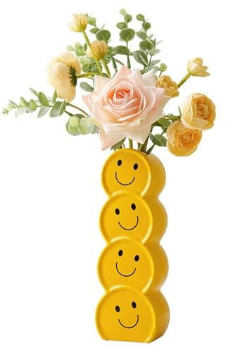 Vase mit Lächelndem Gesicht, Gelbe Keramikvase für Blumen, Einzigartige Blumenvase, Moderne Blumenvase Im Bauernhaus-Wohndekor-Stil, Blumen- und Trockenblumenvasen für die Inneneinrichtung