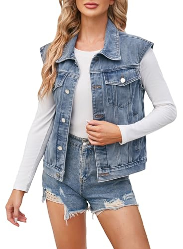 Denim Gilet Damen - V-Ausschnitt Jeans Weste Oversize Vintage Jeansjacke Lässige Ärmellose Jeansweste Für Damen Mit Knopfleiste Beiläufige Denim Weste Lässig Denim Jeansweste