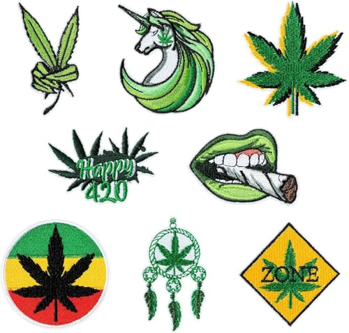 CYWQZZ Aufnäher zum Aufbügeln, Motiv: grüne Blätter, Smoking Happy 420, zum Aufnähen, bestickt, Reparatur-Flicken für Kleidung, Jacken, Jeans, Rucksack, Hut, 8 Stück