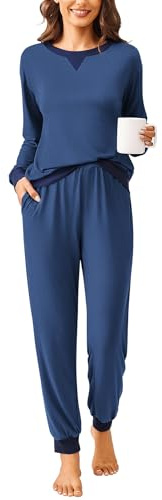 Ekouaer Pyjama Long pour Femme Ensemble Pyjama à Manches Longues Vêtements de Nuit 2 Pièces Hiver Carreaux Col Ronde Vêtements de Détente Loungewear avec Poches Latérales,Bleu,M