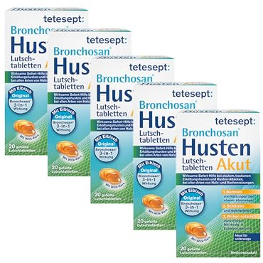 tetesept Bronchosan Husten Akut, Hustenbonbons, 5 x 20 Lutschtabletten | Bei Erkältungshusten & Rachenreizungen, mit Eibischextrakt, Honig & Eukalyptusaroma, gluten- & laktosefrei, ab 6 Jahren