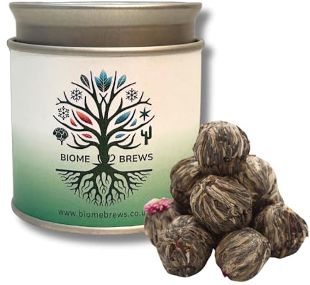 Blooming Flower Tea Ball Tin – 6 Hand-Tied Jasmine Green Tea Blooms, Flowering Tea Display Balls, Loose Leaf Green Tea, Gift-Ready Tin.