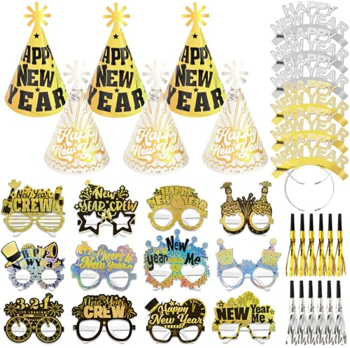 DPKOW 36 STK Glitzer 2026 Silvester Accessoires, Haarreif Partyhüte Brillen Partytröten Kopfschmuck für Neujahr 2026 Silvester Party Zubehör Gadget Silber Gold Schwarz Weiß