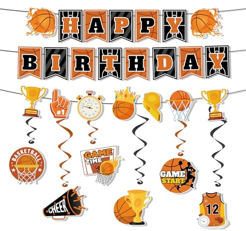 Décorations de Fête de Basket-ball,Bannière de Joyeux Anniversaire de Basket-Ball Spirale Suspendue Décoration Suspendue pour Fêtes et Anniversaires sur le Thème du Basket-Ball