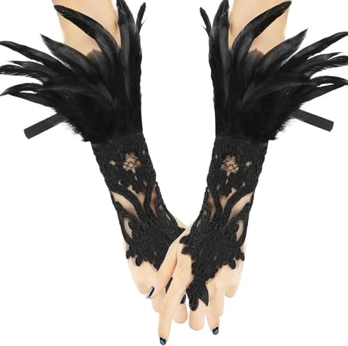 SUFANG Damen Schwarz Feder Handschuhe Vintage Spitzenhandschuhe Damen Schwarz Feder Spitze Fingerlose Lange Handschuhe Lange Spitze für Hochzeit Halloween Fasching Cosplay Party