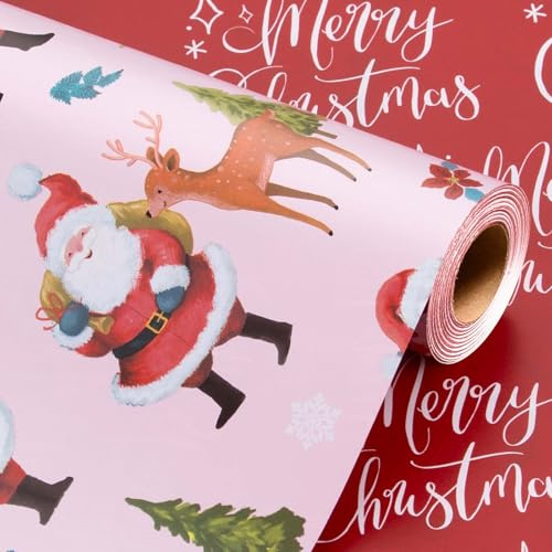 Wikadlik Weihnachts-Geschenkpapier, niedlicher Weihnachtsmann mit Bäumen, Geschenkpapierrolle für Feiertage, festliche Feiern, 43 cm x 10 m, Rosa