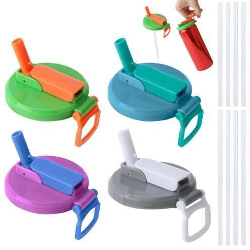 4 Pcs Soda Can Lids with Straw Dust-Proof Straw Soda Can Lid with Two Lengths of Straws Universal Fit for Standard Cans Portable Handle Reusable Beverage Coke Cans Lids for Beer/Juice