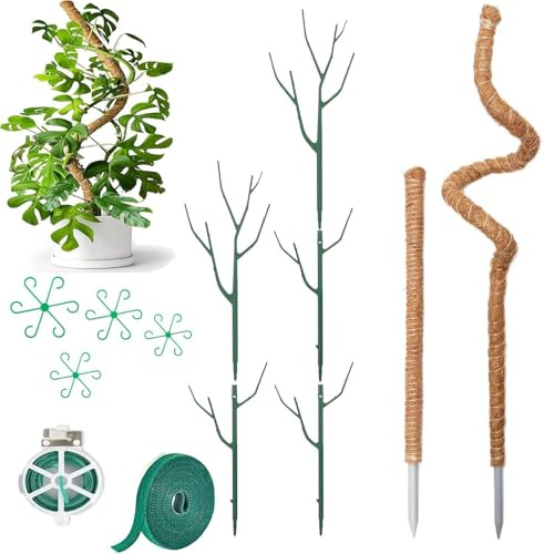 Set mit 13 Stück Monstera rankhilfe Kokosfaser Rankhilfe mit Zubehör,für Kletterpflanzen,2 Stück 70cm +120 cm Rankhilfe Monstera, 5 X Pflanzenstütze Staudenhalter,Pflanzenstielhalter Pflanzen Stütze
