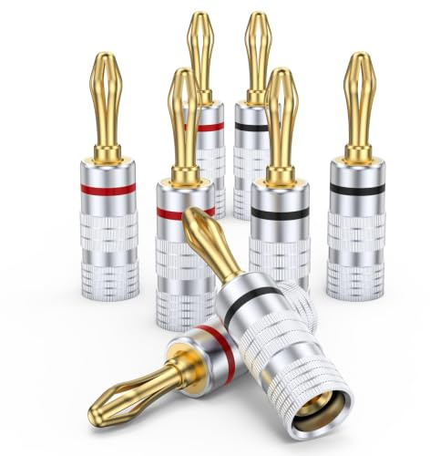 MOSAWG 4 Pairs 24K Gold Plated No Solder Banana Plugs | For Speaker Wire 12AWG-18AWG Compatible for Home Cinema Hi-Fi & Amplifiers