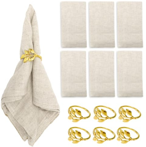 DASIAUTOEM Stoffservietten Beige mit Serviettenringe, 6 Stück 40x40cm Leinenservietten, Baumwolle Servietten Stoff, Wiederverwendbare Mullservietten für Party Hochzeiten Zuhause Tischdekorationen