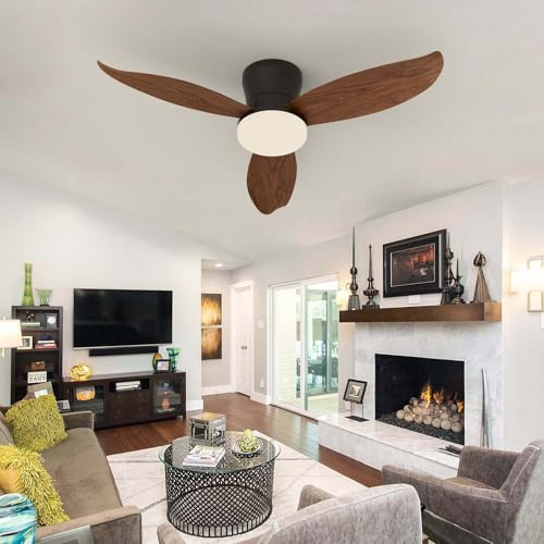 Luyaim Moderna Design Lampadario Con Ventilatore Da Soffitto LED Dimmerabile Telecomando APP, Motore DC 6 Velocità Ventilatore Da Soffitto Con Luce Per Camera/Soggiorno-Wood Grain Brown-88CM