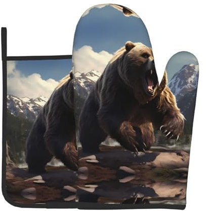 2 pezzi Presine E Guanti Da Forno Fierce Grizzly Bears Pattern Guanti Da Cucina Divertenti Guanti Da Barbecue Per Cucina, Grigliare, Cucinare