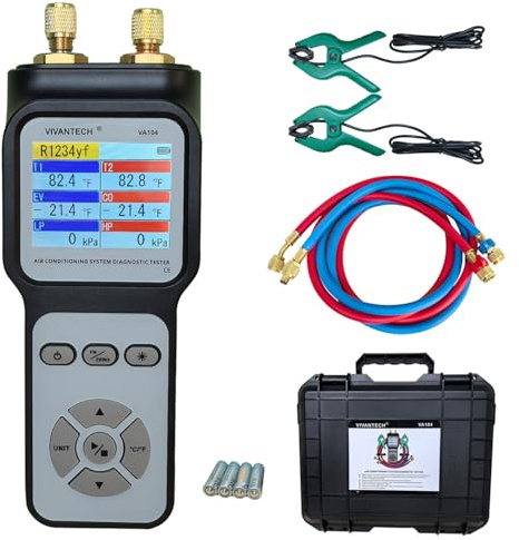 VIVANTECH Professional A/C System Diagnostic Tester – HVAC Gauge Dual Pressure & Temperature Analyzer with Refrigerant Database, Vacuum and Leak Test for Automotive and Home AC Repair, Color Display
