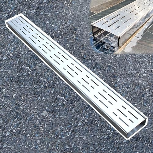 Vibeo Canaleta Desague con Rejilla Desagüe de Canal Estrecho con Rejilla, Desagüe de Zanja de Acero Inoxidable y Tapa, Canaletas de Drenaje para Piscina, Jardín y Sótano(W8cmxH5cm(3 1/8x2))