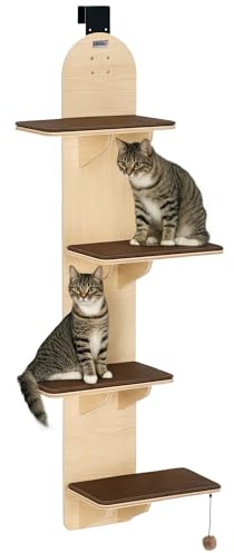 PawHut Cat Tree Door Mounted Door Hanging Cat Shelf 56.5 x 25 x 150cm Oak | Removable Washable Plush Pads, Toy Ball, 4-Level Kitten Climber, for Indoor Kittens