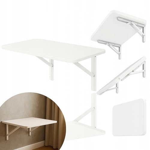 PlayPals Furniture Mesa plegable de pared, 50 x 70 cm, color blanco con soportes blancos, mesa plegable para ahorrar espacio, escritorio pequeño