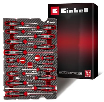 Originale Einhell E-Case Inserto Cacciaviti a T 9 pz (Montaggio Macchine/Veicoli, Impugnatura T, Punta Sferica, Lama 90°, Brugola, Cromo Vanadio, Sistema E-Case)
