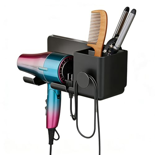 Multifuncional soporte secador de pelo montado en la pared Con caja de almacenamiento Soporte para secador de pelo de baño sin taladrar Almacenamiento de pared que ahorra espacio organizador baño