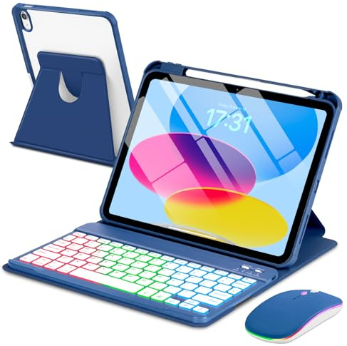 EAMPANG Custodia con tastiera e mouse per iPad A16 11a 10a generazione 11/11, tastiera rimovibile retroilluminata arcobaleno Cover magnetica girevole con portamatite per iPad 11 2025 10 Gen 2022 Blu