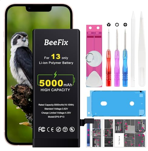 Beefix Batterie pour iPhone 13 : 5000 mAh Haute Capacité Lithium Polymère Batterie de Rechange pour iPhone 13 avec Outils de réparation Batterie Compatible avec modèle A2482 A2631 A2634 A2635 A2633