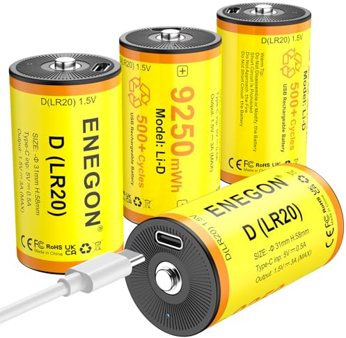 ENEGON 4 Pack Rechargeable Lithium D Batteries, 9250mWh 1.5V Lithium-Ion D Cell Battery with 2 in 1 USB-C Charging Cable for Floodlight Toys, Water Heater, Gas Stove.
